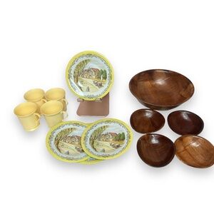 Vintage Kids Playset Kitchen Serveware: Tin Plates, Teakwood Bowls, Plastic Cups